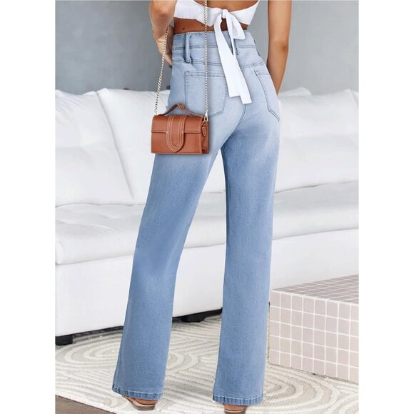 Women's High Waist Wide Leg Stretchy Denim Jeans with Pockets for Casual Wear - Picture 2 of 6